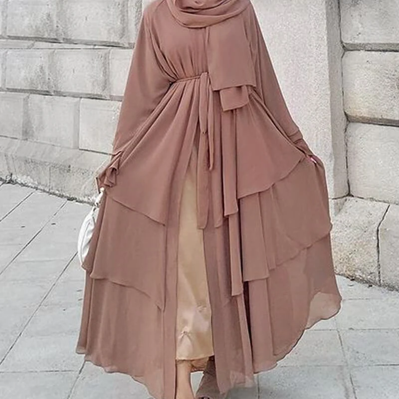 Eid Abaya Dubai Turkey Solid Color 3 Layer Chiffon Open Abaya Kimono Kaftan Cardigan Muslim Dresses For Women Islamic Clothing