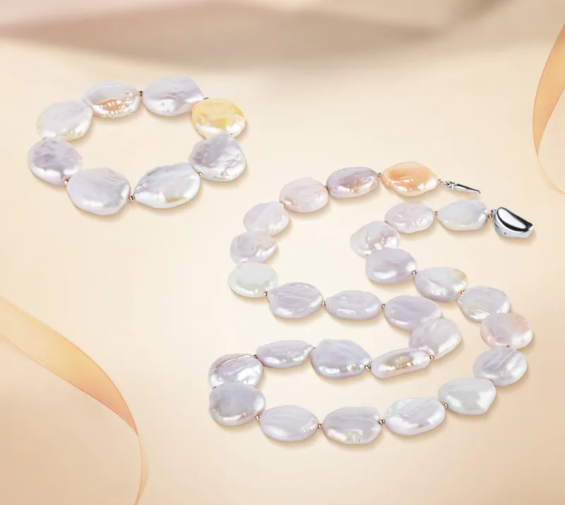 Women jewelry bracelet set 20mm large baroque coin chunky flat pearl necklace