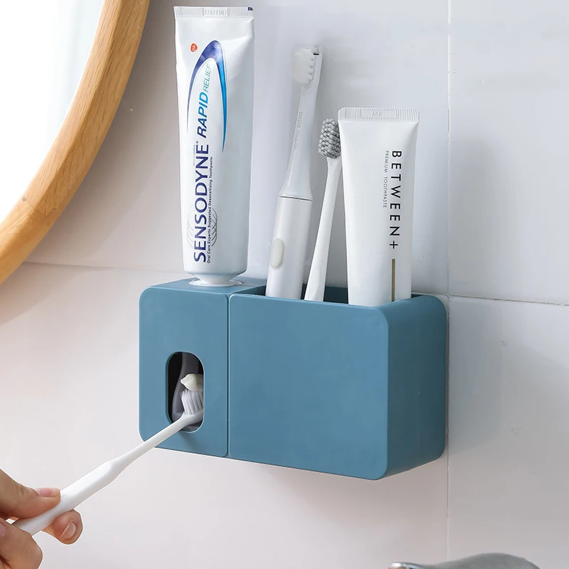 Automatic toothpaste dispenser with toothbrush holder for kids and adults hand free mounted squeezer wall mounted bathroom