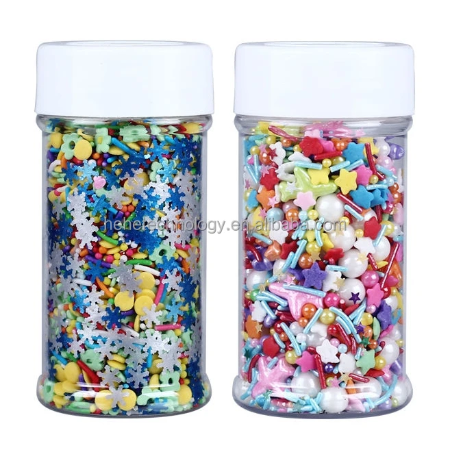 Factory direct mix edible molded candy snow style confetti candy white and blue with edible flashing glitter in 85g bottle baker