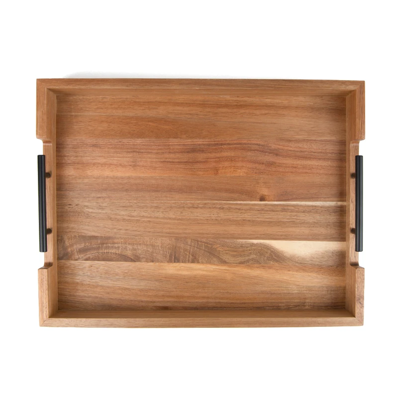 High Quality Wooden Serving Tray With Metal Handle Rectangle Acacia Wood Tray For Home Restaurant Hotel