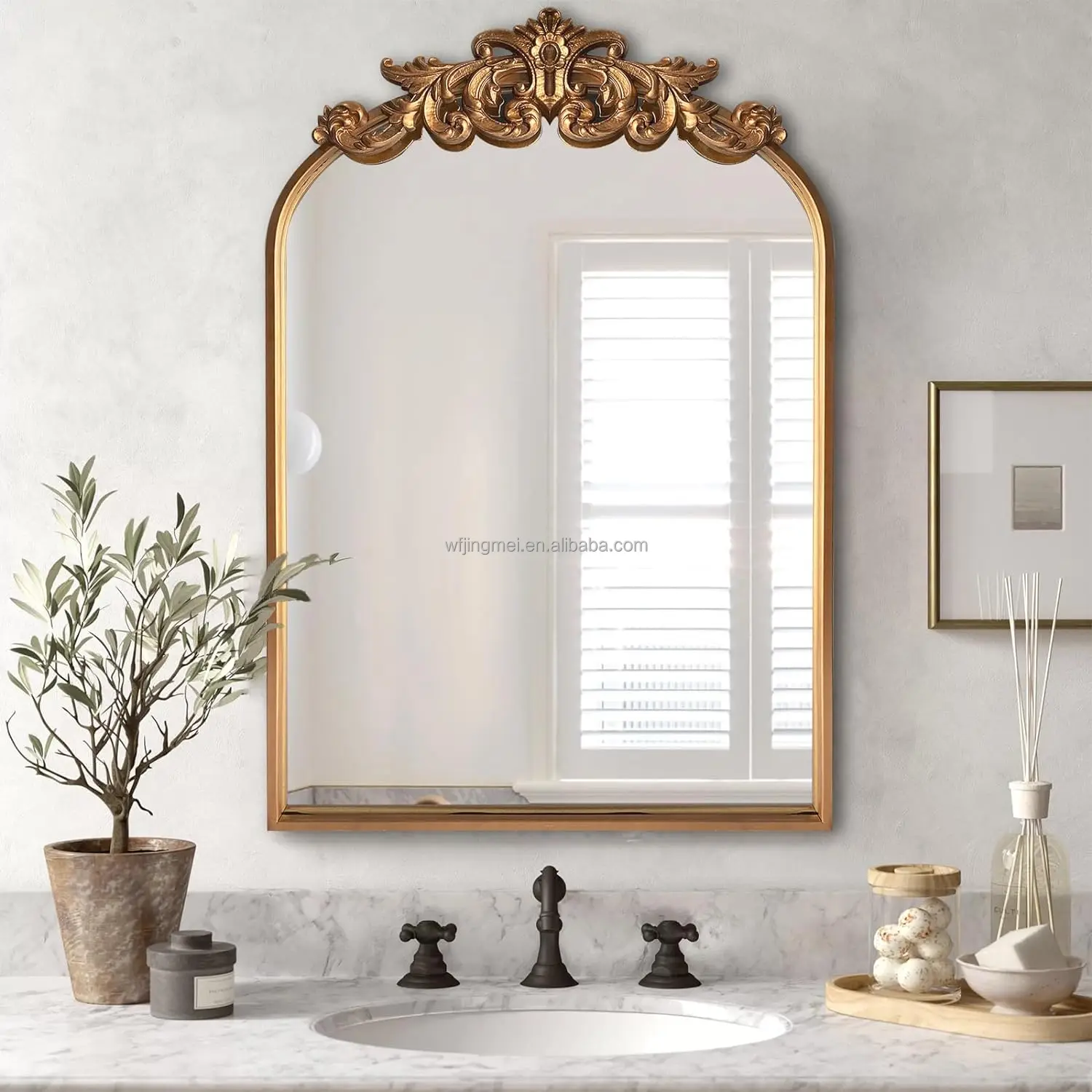 Gold Traditional Arched Mirror, Antique Brass Mirror, Vintage Ornate Baroque Mirror, Carved Mantel Mirrors for Bathroom