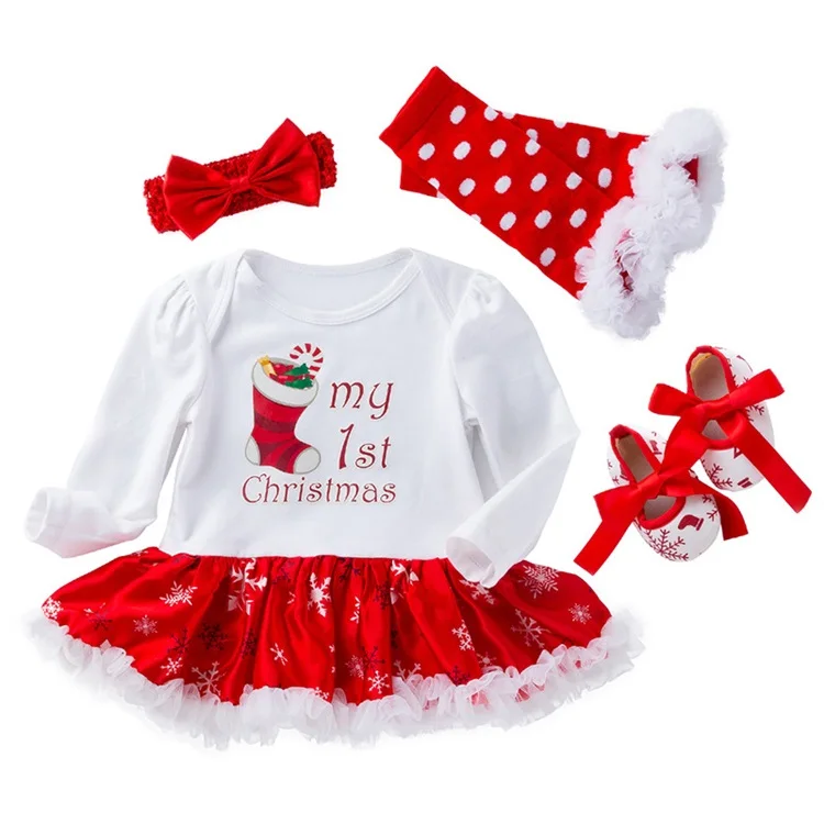 Rts latest design beautiful 4pcs autumn and winter toddler clothing set soft cotton infant christmas long sleeve short dress