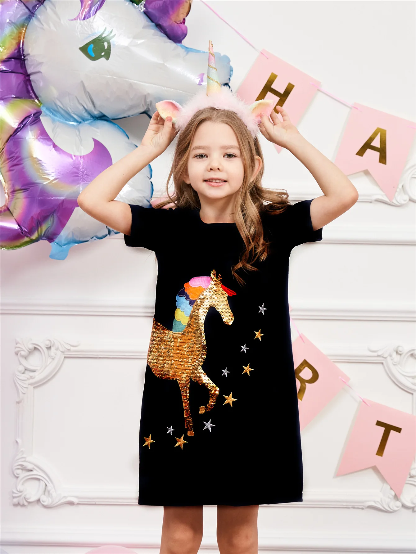 Customized Logo Kids Black Color A-Line Unicorn Sequins Girls Summer Dress 3-8 Years