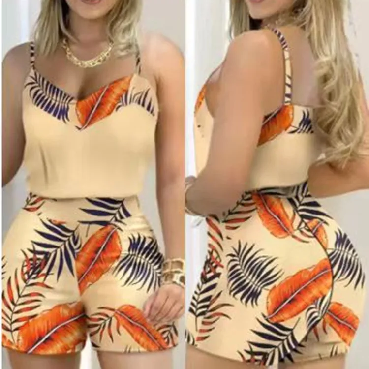 Повседневная Блузка без рукавов с V-образным вырезом и цветочным принтом желтый топ шорты летняя одежда костюм из двух предметов