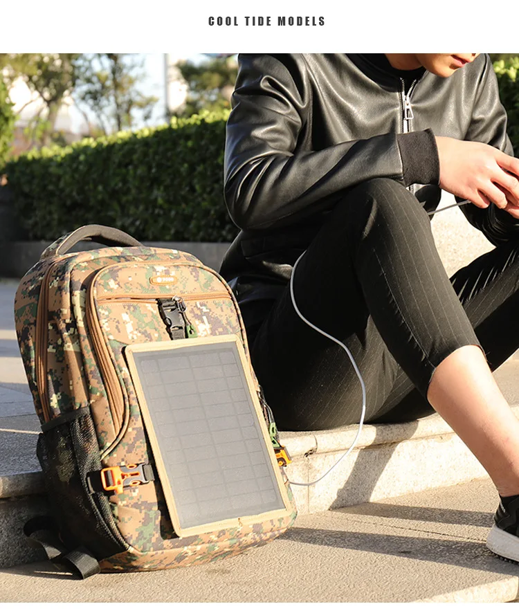 Solar backpack Waterproof with Solar Panel Charger USB Port for Hiking Camping Great Travel Backpack Camouflage Color