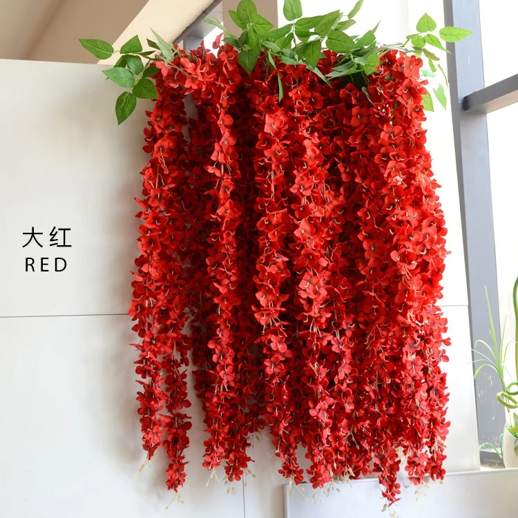 Fuyuan 1.64m bright red silk hydrangea wisteria flowers hanging vine wedding flowers garland for very high ceiling decoration