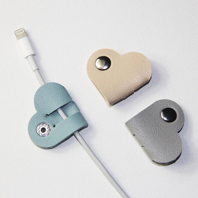 Wholesale pu leather heart shape cable organizer logo print earphone cable organizer for advertising promotional gifts