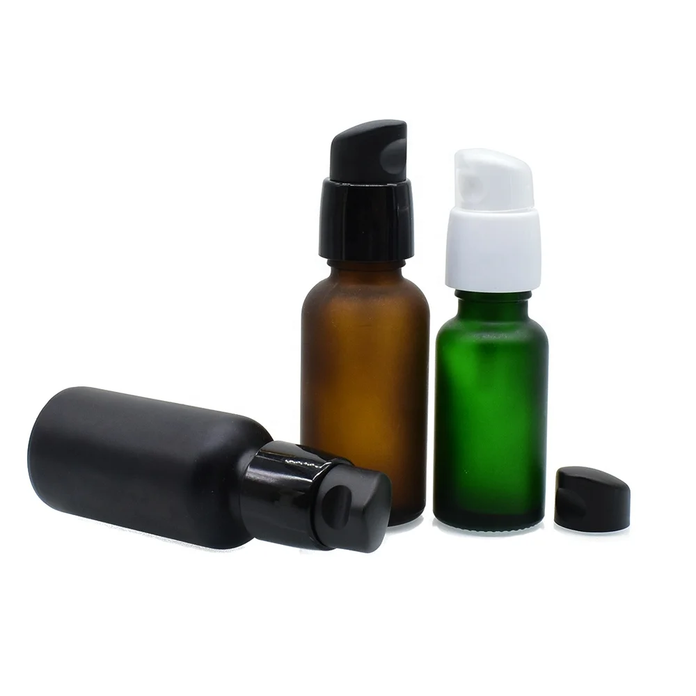 Low MOQ 10 ml 20 ml 30 ml frosted glass bottle with lotion pump cap Cosmetic essential oil lotion pump bottle