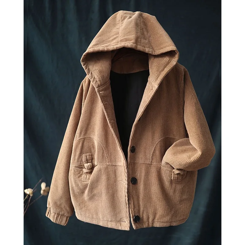 Hooded Corduroy women coat fall Korea style loose big size cotton clothing