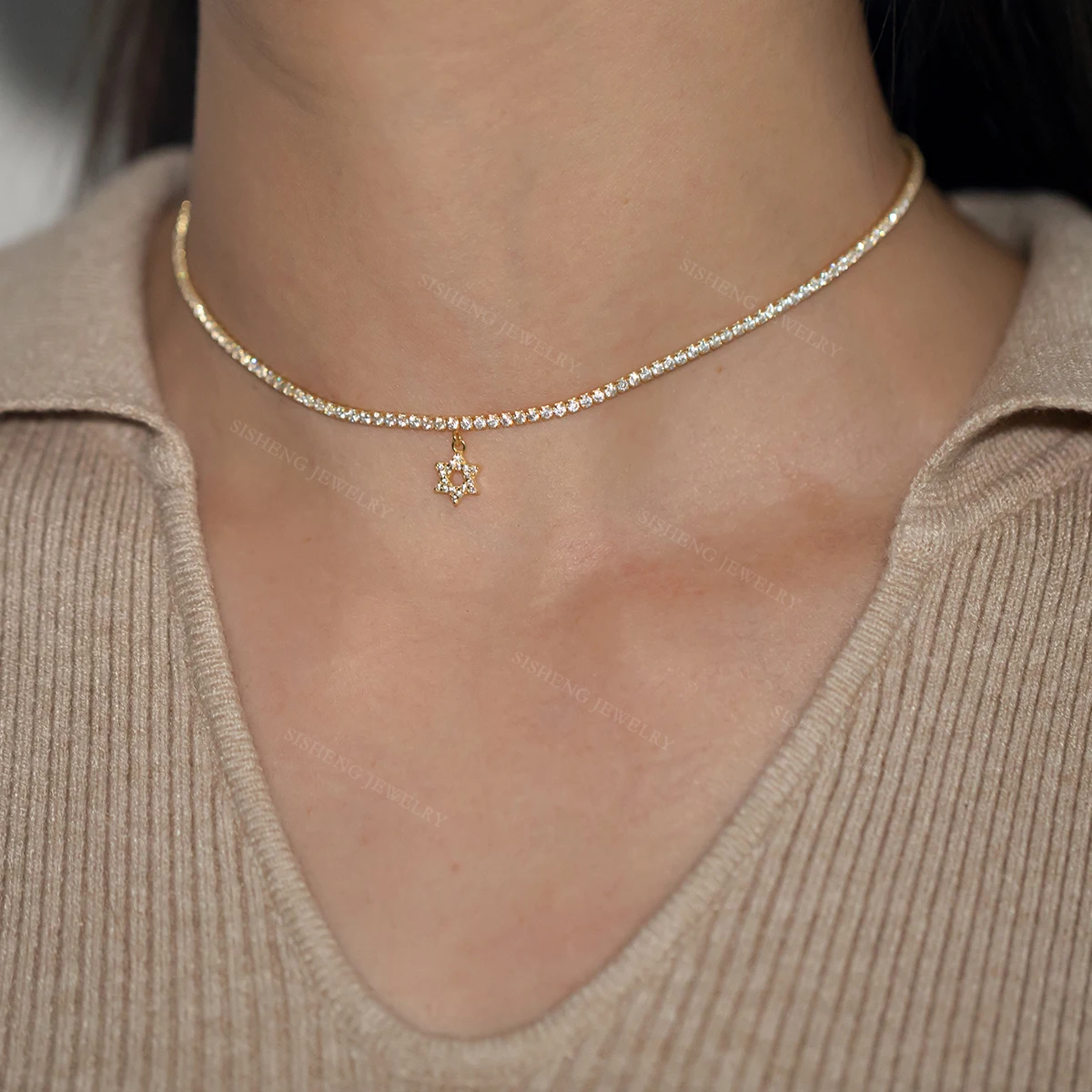 925 Sterling Silver Women Jewelry Israel Jewish Zircon Tennis Chain Choker Necklace With Star Of David Charm