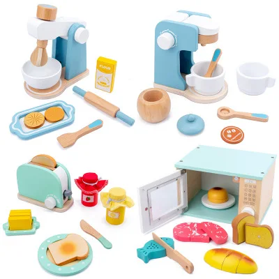 
2020 New arrive kids pretend play cooking game wooden bread maker coffee machine blender baking kitchen set toys for boys girls 