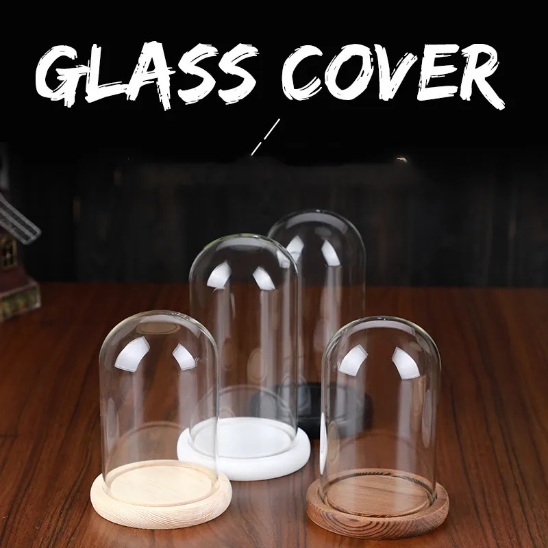 Dustproof Glass Bell Dome with Wooden Base Indoor Outdoor Decorative Craft Product