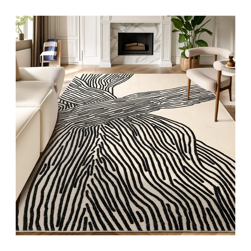 Washable Modern Area Rug Low Pile Soft Faux Wool Carpet For Living Room Thin Lightweight Abstract Art Bedroom Rugs