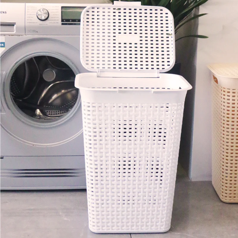 Royaumann Premium Plastic Large Laundry Storage Basket White Hamper with Lid for Home Laundry Storage