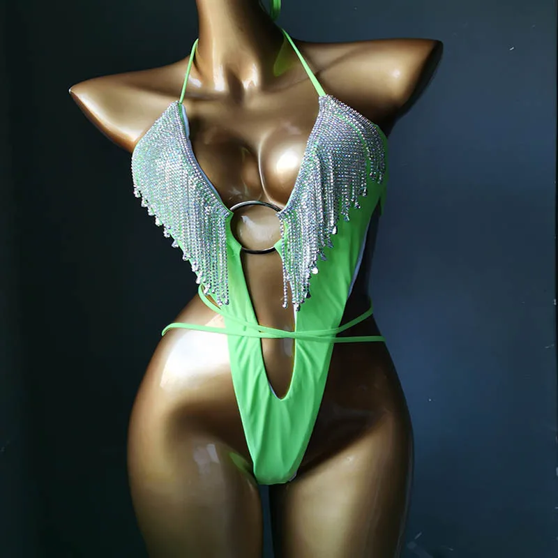 NEW STOCK 3Colors Diamond Swimwear Long Ties Fringes High Leg Brazilian Crystal One Piece Swimsuit