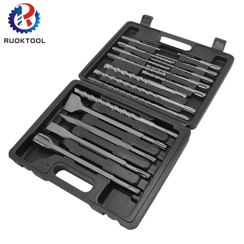 CRV YG8C S4 17Pcs Chisel And Long Sds Plus Shank Hammer Masonry Drill Bits Set For Concrete Granite