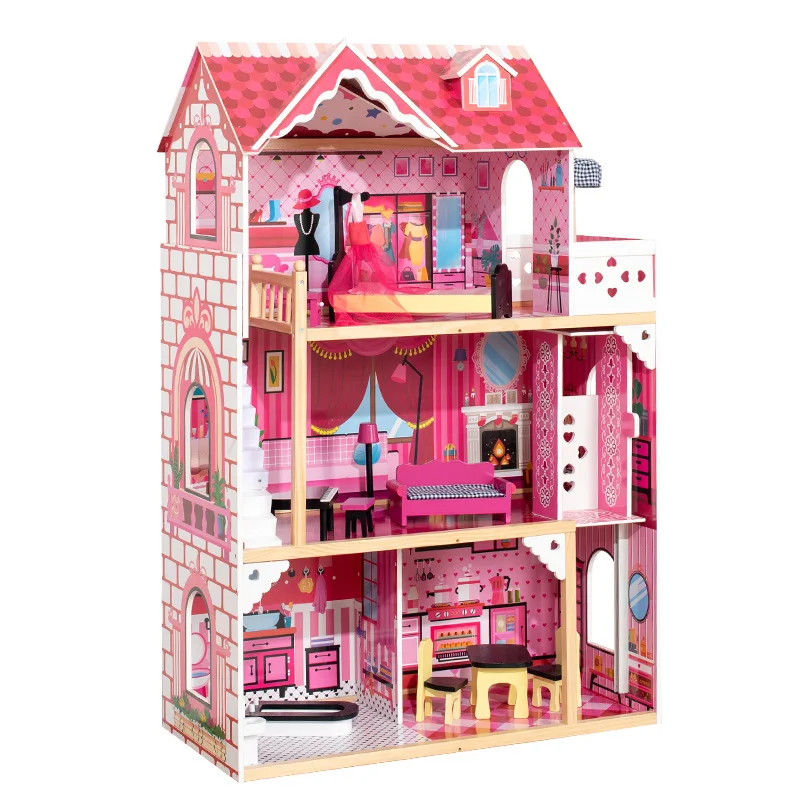 Hot Sale DIY New Shape Big Pink Dollhouse Educational Plastic Toy Model Set with Furniture for Kids Girls