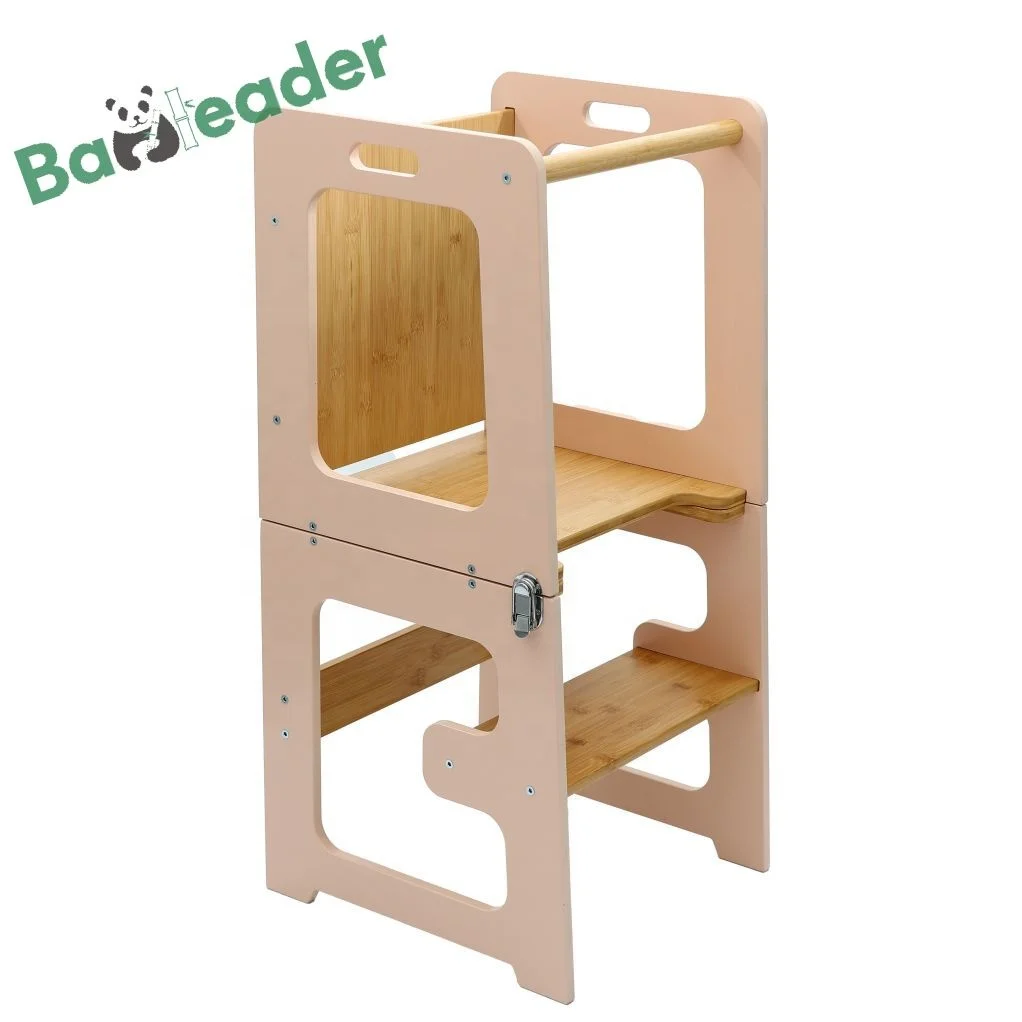 Multi-purpose Montessori Bamboo Learning Tower with Table Chair Foldable 4 in 1 Bamboo Toddler Learning Tower with Chalkboard