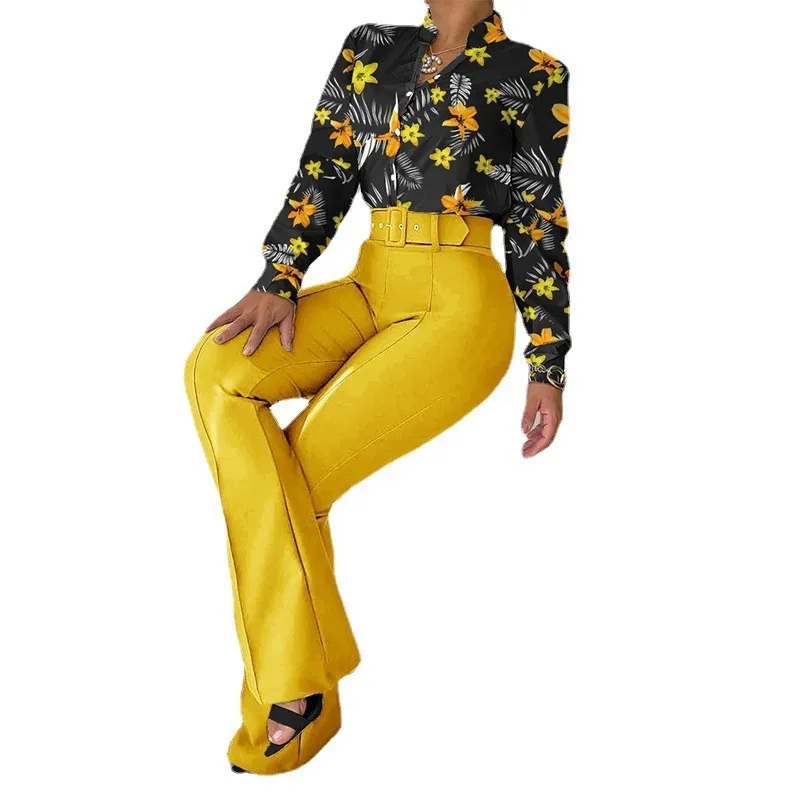 2022 New printed blouse shirt top and long wide leg formal business pant two piece suit sets for women fall clothes