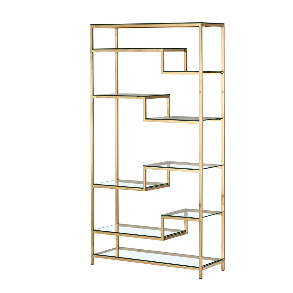2022 Home Office Furniture Customized Luxury Modern Gold Stainless Steel And Glass Bookcase Storage Cabinet Rack Bookshelf