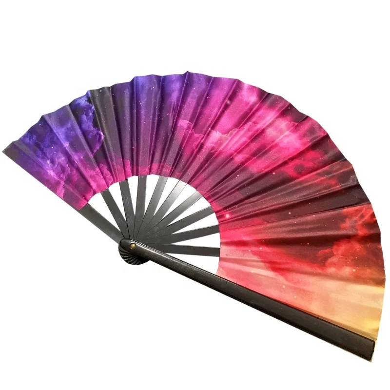 Factory Price Wholesale No MOQ 13inches Large Big Rave Bamboo Fabric Folding Hand Fan Bamboo Hand Fans