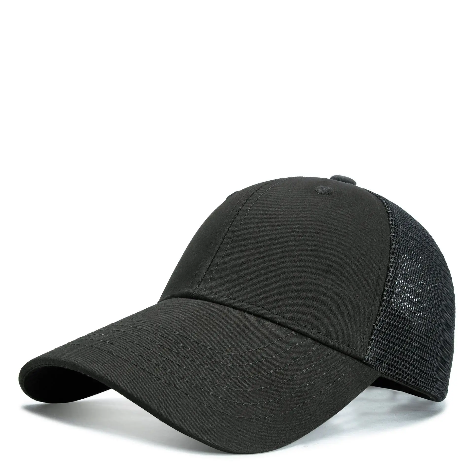 Luxury Custom High Quality Made 6 Panel Baseball Trucker Hats All Black Cotton Mesh Caps