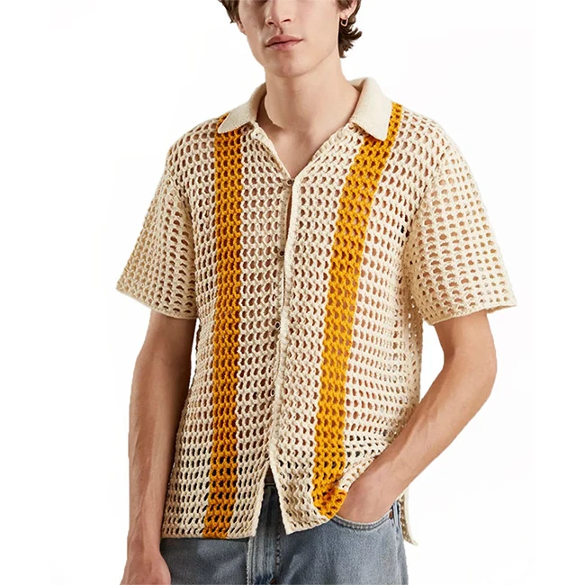 Custom Design Mens Summer Hollow Out Button Up Knit Sweater Short Sleeve Cardigan Knitwear Polo T-shirt Knitted Crochet Shirt