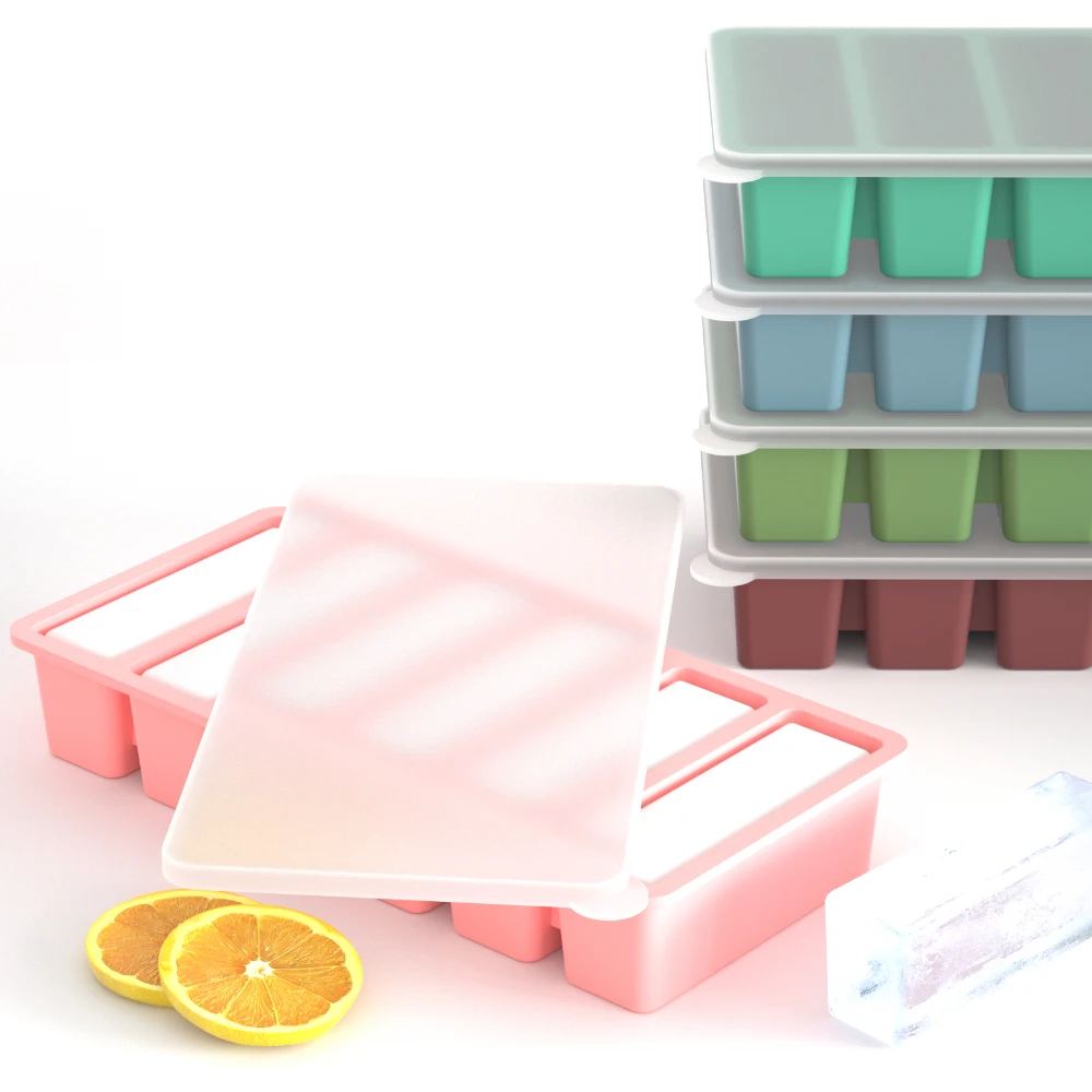 Large and Long Ice Cube Tray Silicone Freezing Container with Lid for Whiskey Water Bottle Food Leftovers Baking Home Kitchen