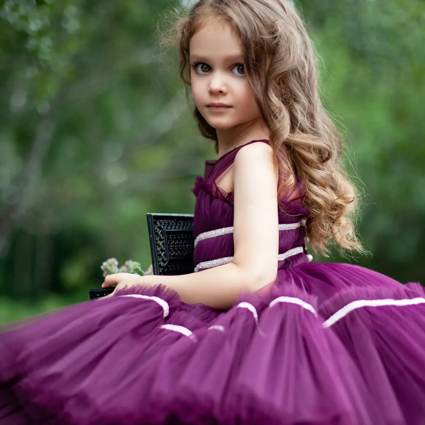 Purple Tulle Wedding Flower Girl Dress Kids Princess Birthday Party TUTU Dress with Glittering Bow