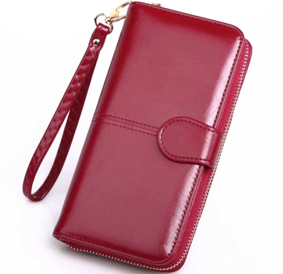 New Design Fashion Wax Leather Wallet For Women Clutch Ladies Purse With Many Card Holder And Handle For Outdoor