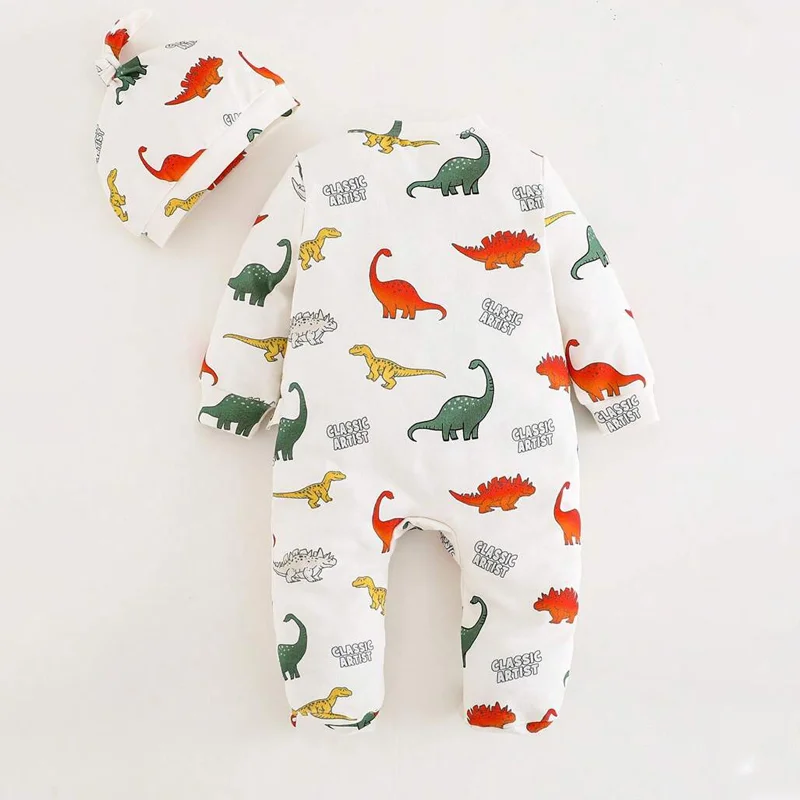 Unisex Dinosaur Romper for Newborns Organic Knitted Cotton Long Sleeve Full OEM Service White Boutique Baby Clothes for Spring
