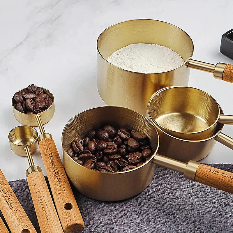 Kitchen Accessories 8 Pcs Stainless Steel Gold Copper Measuring Cups And Spoons Set With Acacia Wooden Handle