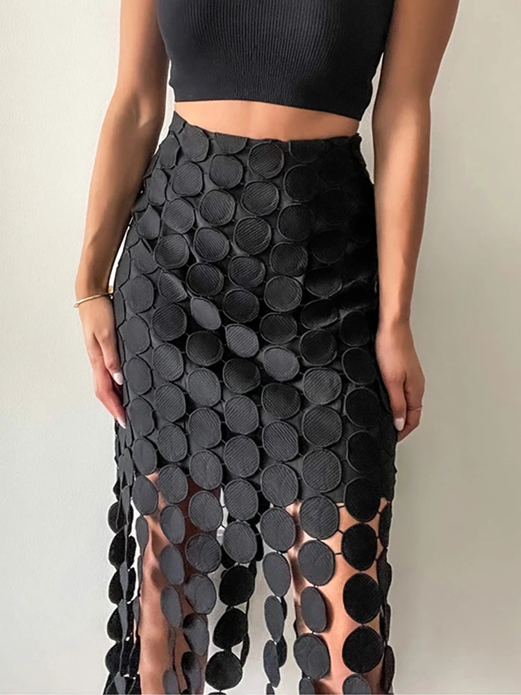 TWOTWINSTYLE High Waist Round Patchwork Hollow Out With Tassel Women Knee Length Skirt