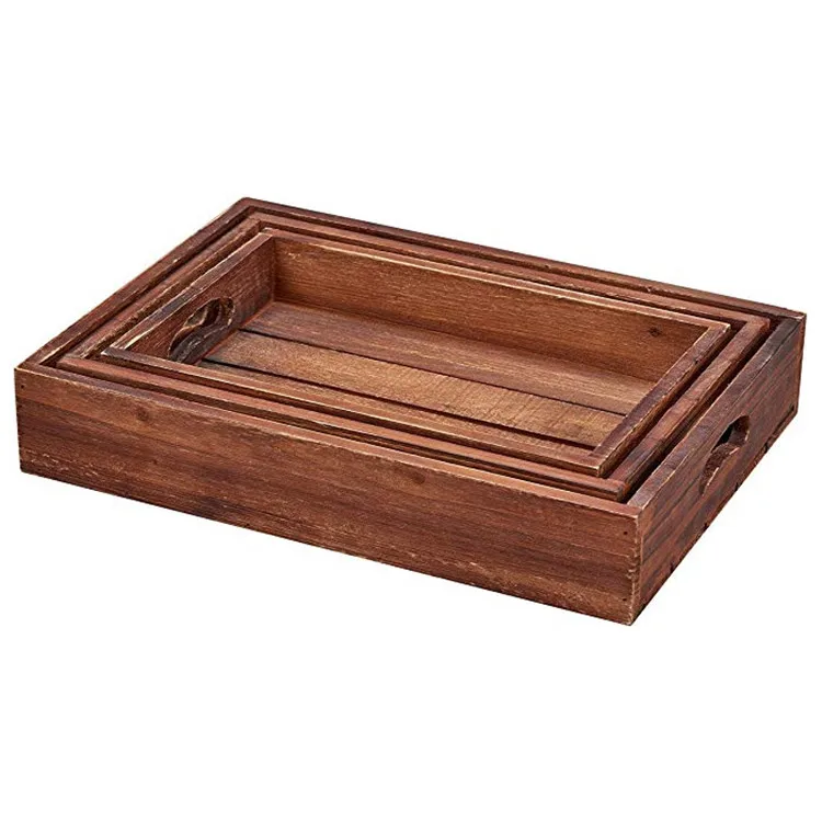 Set of 3 Multipurpose Nesting Designs Bamboo Food Tray Rustic Farmhouse Stackable Solid Wooden Serving Trays