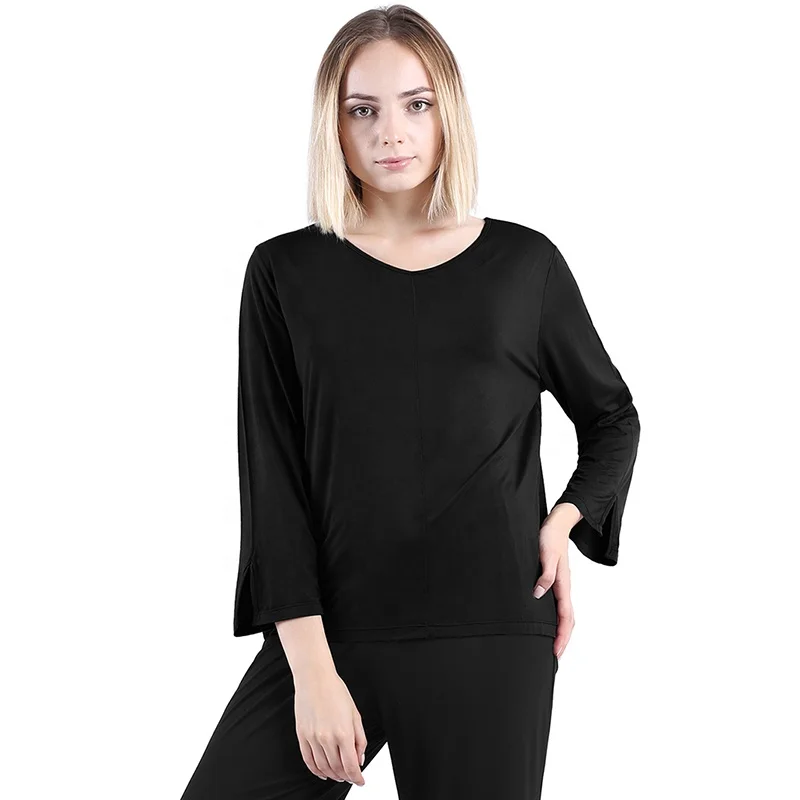 Лидер продаж, женская футболка с V-образным вырезом и Боковым Разрезом, ночная рубашка с длинным рукавом, Повседневная Пижама, топы для отдыха