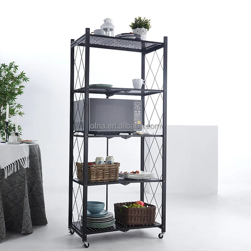3/4 /5tier Kitchen Folding Shelf Rack For Home Storage Foldable Organizer  Metal Shelves With Wheels For Living Room