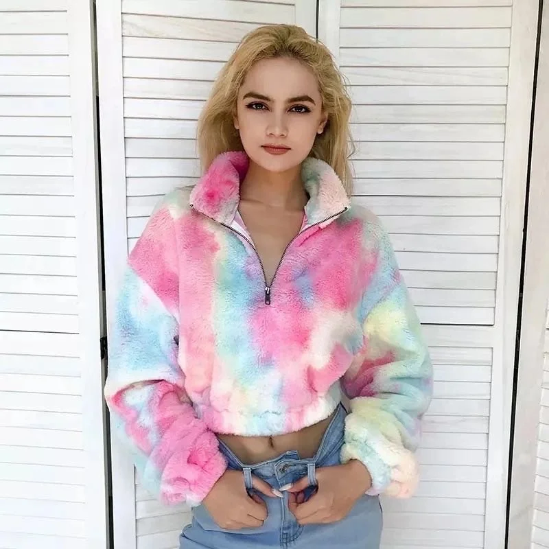 Casual Fluffy Hoodie  Winter Tie Dye Crop Sherpa Women Plush Crop Pullover 1/4 Zipper Stand Collar Jacket
