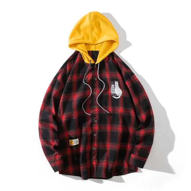 wholesale cheap cotton checked plaid flannel men shirts custom print man check shirt black and red checked shirt with hood
