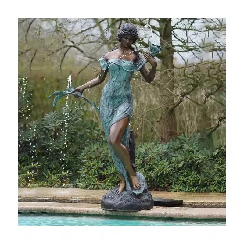Graceful Brass Bronze Waterfall Woman Fountain Statue Sculpture