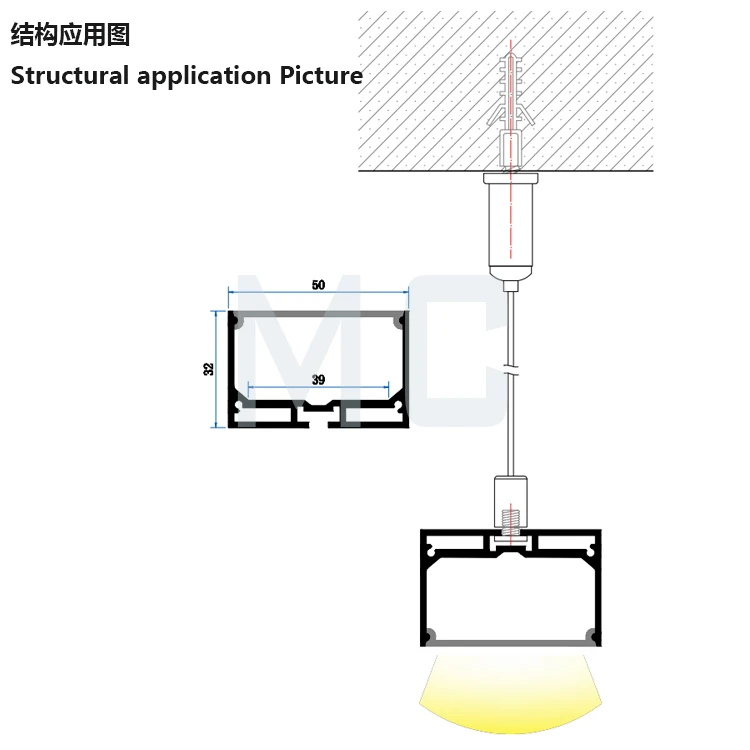 linear housing square suspended aluminum profile channel for led strip light  50*32-1mm