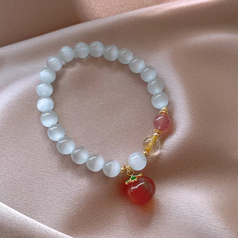 2022 New Elegant Opal Clang Pink Peach Bracelet with Round Beads Sweet Hand Accessories for Women