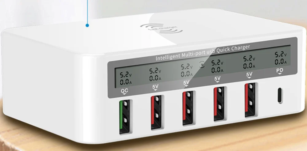 
QC3.0 Fast Charging Wireless Charging USB Charger LED Adapter Desktop 50W Intelligent USB Charger 