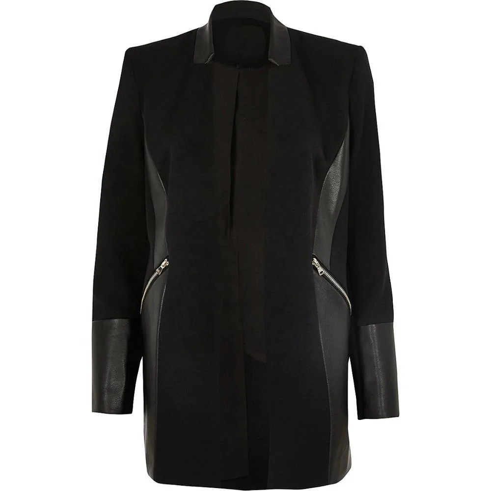 OEM office elegant  black suit jacket blocked zip pocket blazer Open front