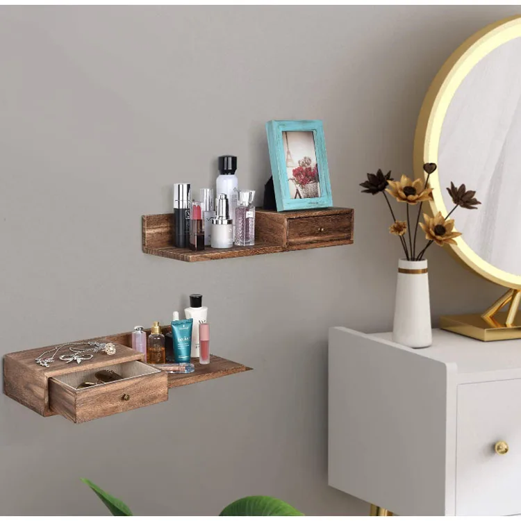 
Hot sale rustic natural carbonized black floating shelf with drawer multi purpose floating shelf 