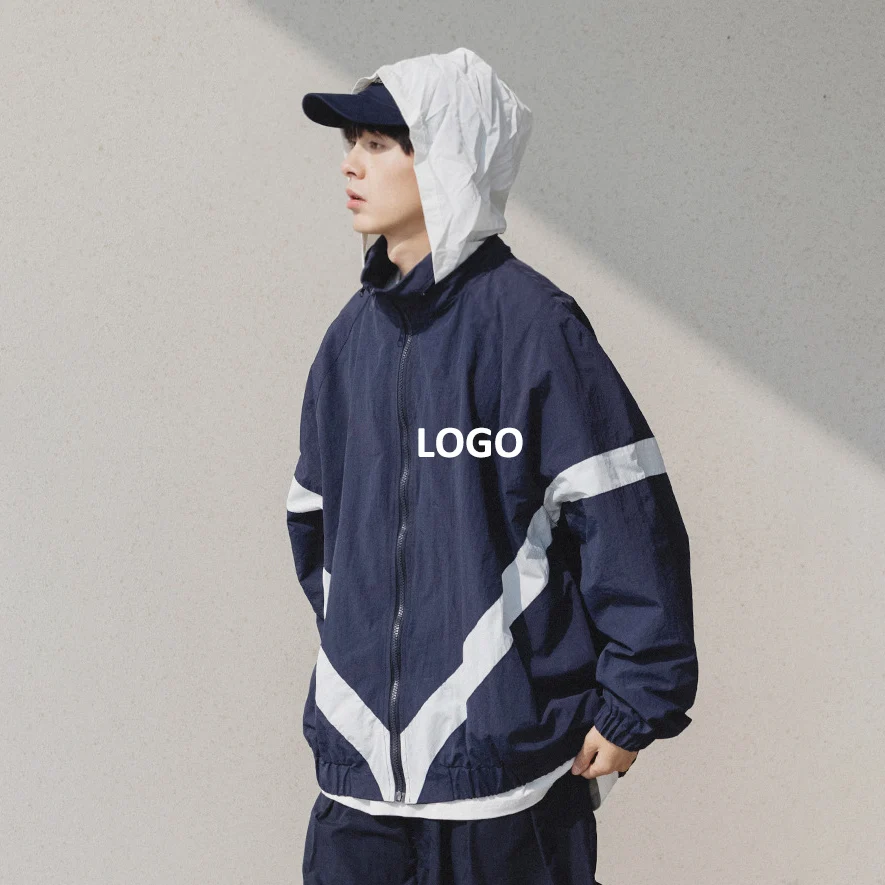 Hip Hop Canvas Pullover Jackets For Men Custom Logo Streetwear Anorak Outdoor Patchwork Hooded Men Windbreaker Jacket