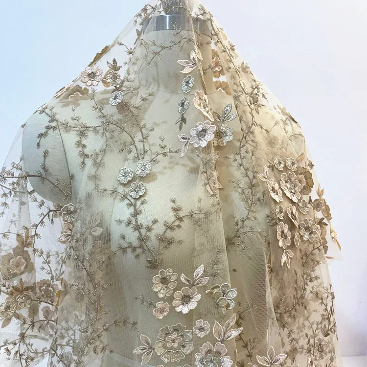 Exquisite 3D Flower Embroidery Lace Fabric Wedding Dress Hand Sewing Fabric