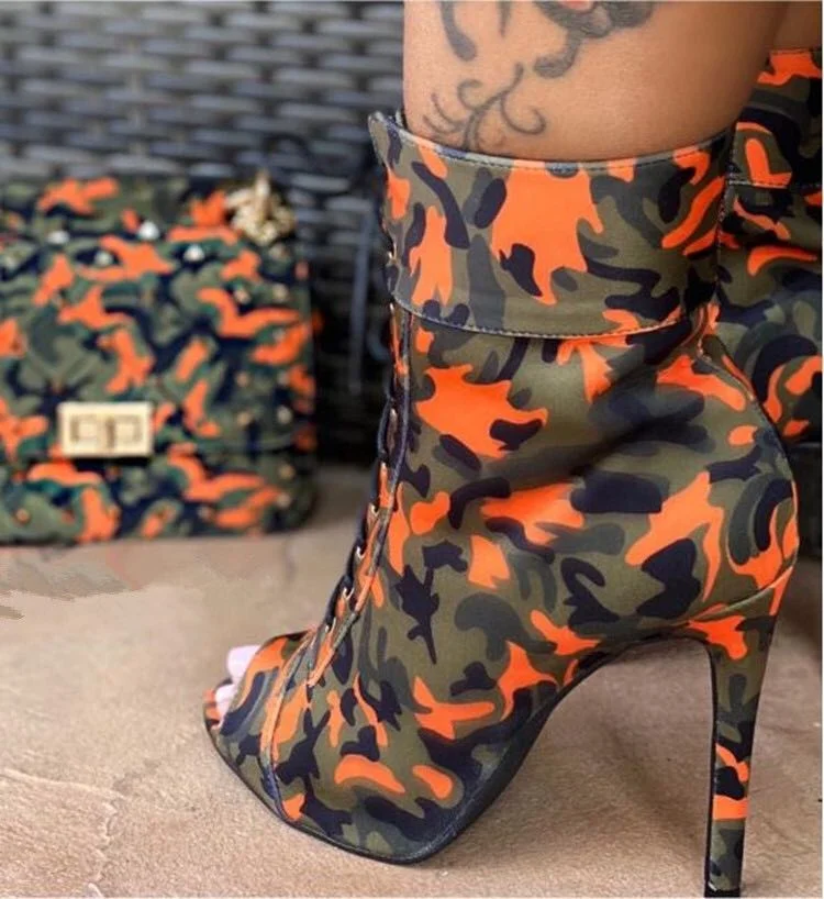 Женские камуфляжные ботильоны на высоком каблуке-шпильке, с открытым носком, на шнуровке, короткие ботинки на высоком каблуке, большой размер 43, с камуфляжной сумкой