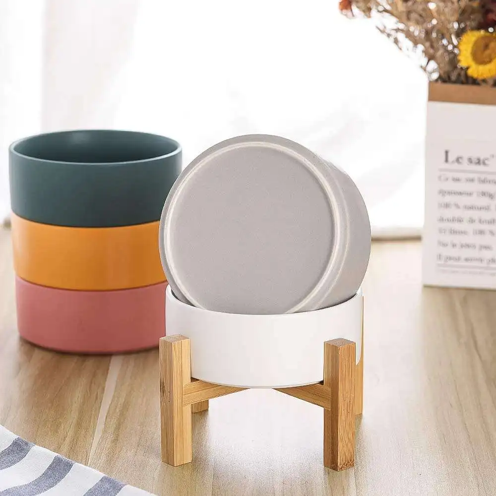 White Ceramic Elevated Raised Cat Bowl Cat Food Dish with Bamboo Stand Bowls Anti Vomiting Pet Bowl