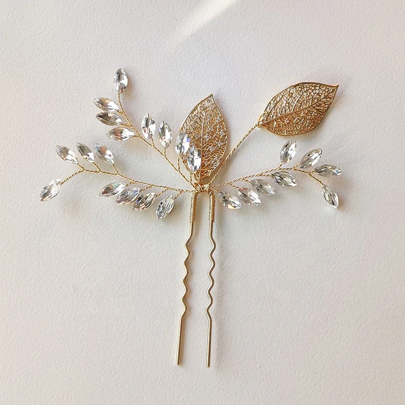 Simple Rhinestone Bridal Hair Pin Women Leaf Shape Headpiece Wedding Pins With Marquise Stone